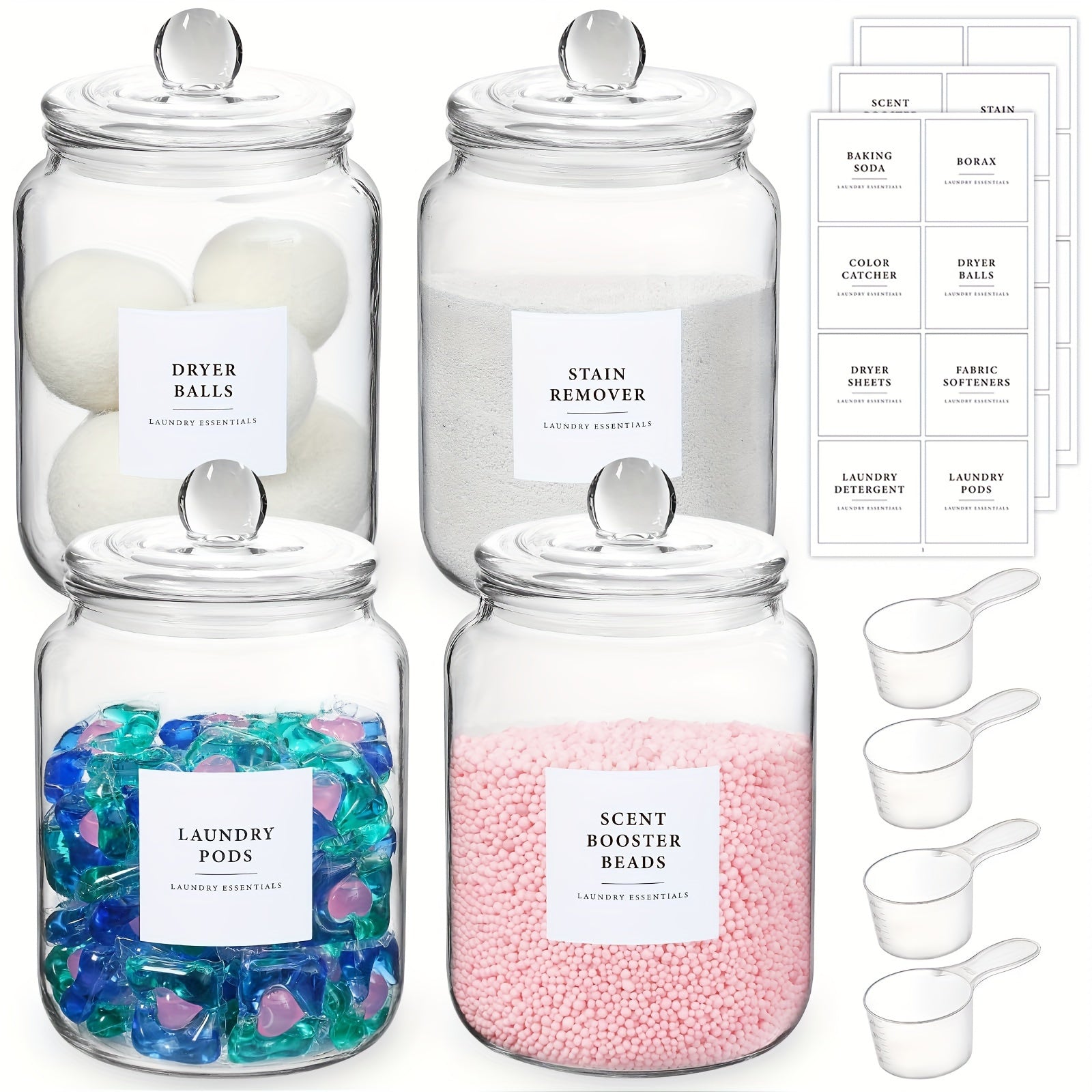 Airtight Glass Jars with Lids Labels and Spoons Half Gallon Storage Canisters for Laundry Detergent Pods Scent Booster Beads Kitchen Pantry Organization Food Safe Wide Mouth 1 2 3 4 Pack