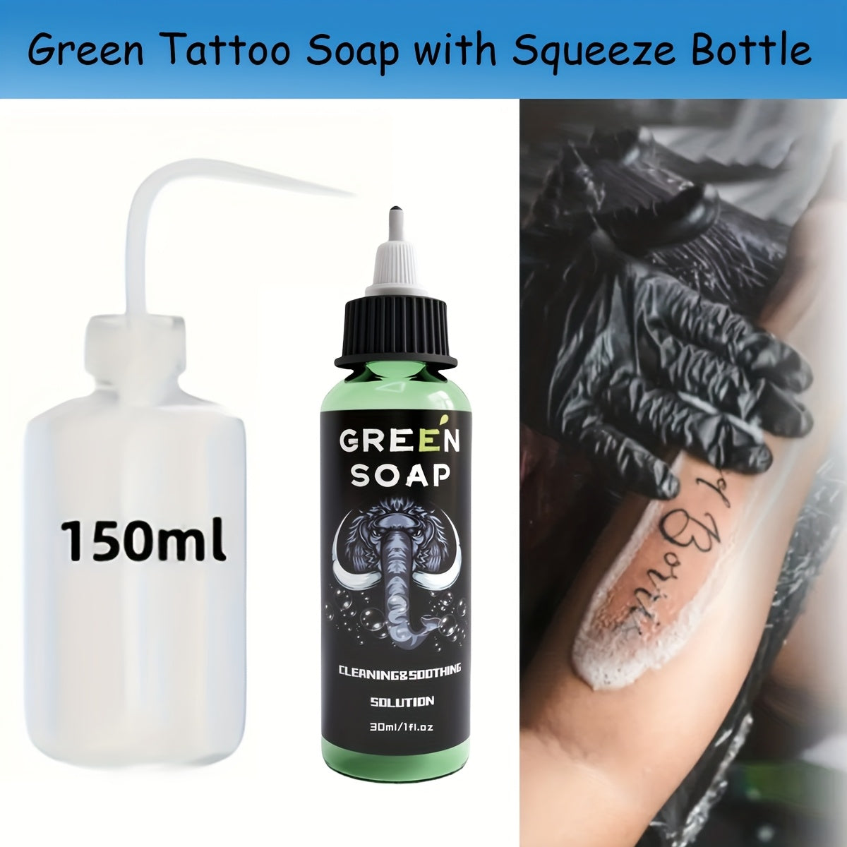 Tattoo Green Soap Cleansing Solution Kit - Professional Tattoo Wash Soap with Squeeze Bottle, Safe Moisturizing Foam for Tattoo Artists Skin Care & Color Preservation
