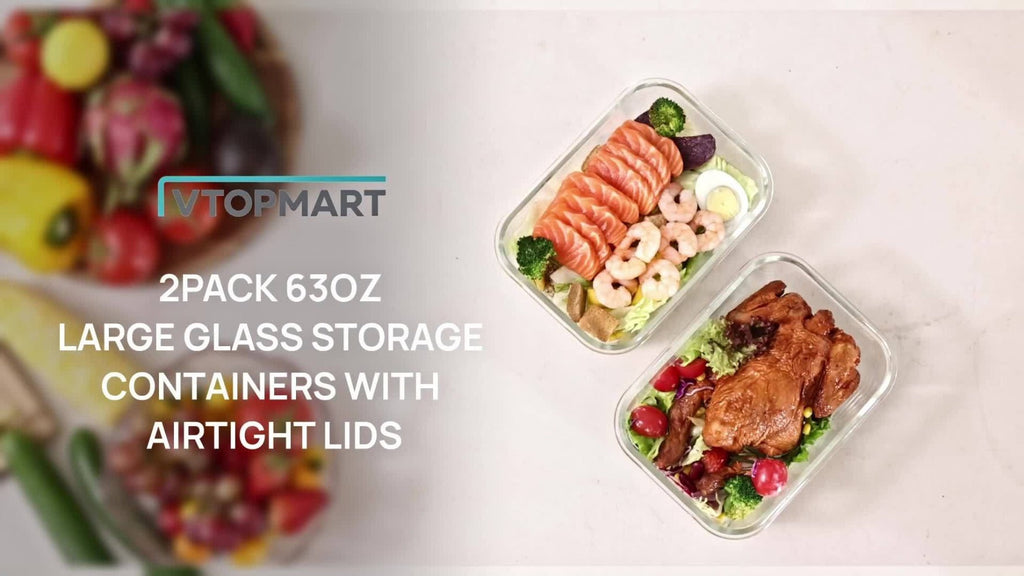 Large Glass Food Storage Containers with Lids 2 Pack ¨C 63oz Borosilicate Glass Meal Prep Containers, Airtight Snap Lids, Oven Microwave Freezer Dishwasher Safe, Leak-Proof Baking Dish Set