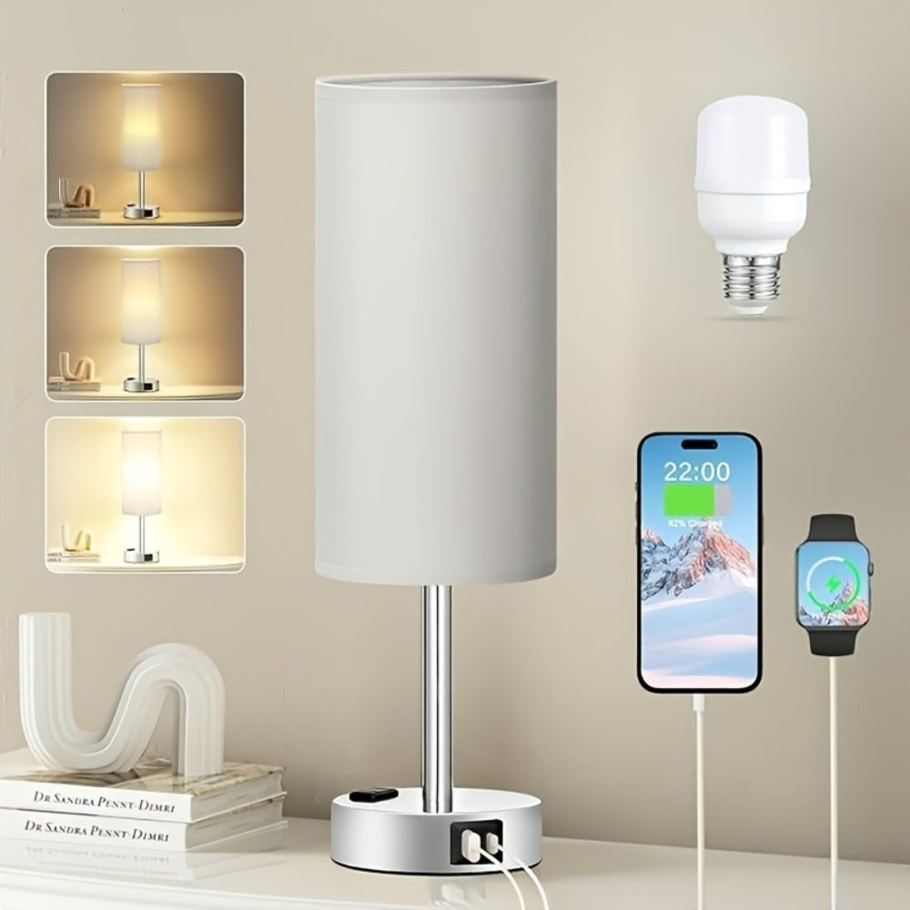 Bedside Table Lamp with USB-C Charging Port ¨C 3-Way Dimmable Touch Lamp, Wood Base Round Burlap Shade, Small Nightstand Desk Light with AC Outlet & A19 LED Bulb Included for Bedroom Living Room Office