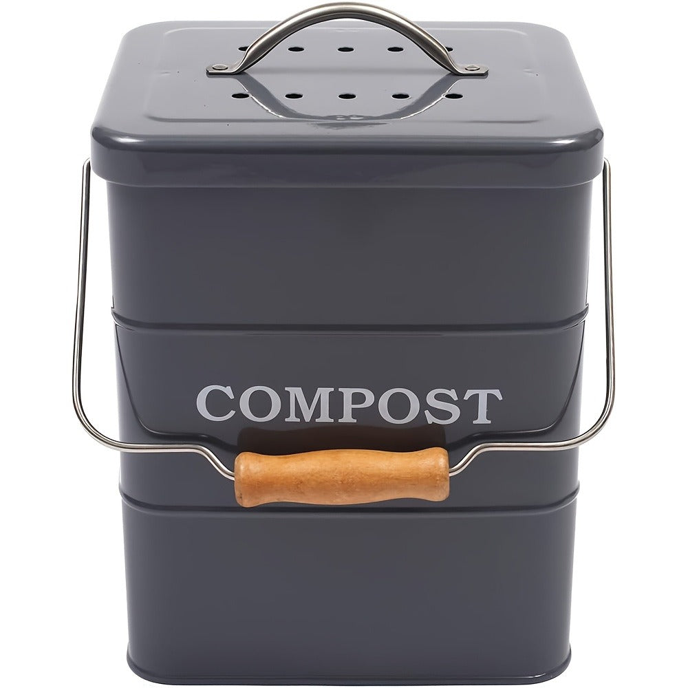 Kitchen Compost Bin 1 Gallon with Charcoal Filter & Wooden Handle, Odor-Free Indoor Countertop Food Waste Bin, Metal Compost Bucket for Home Kitchen, Available in Black, White, Gray, Green