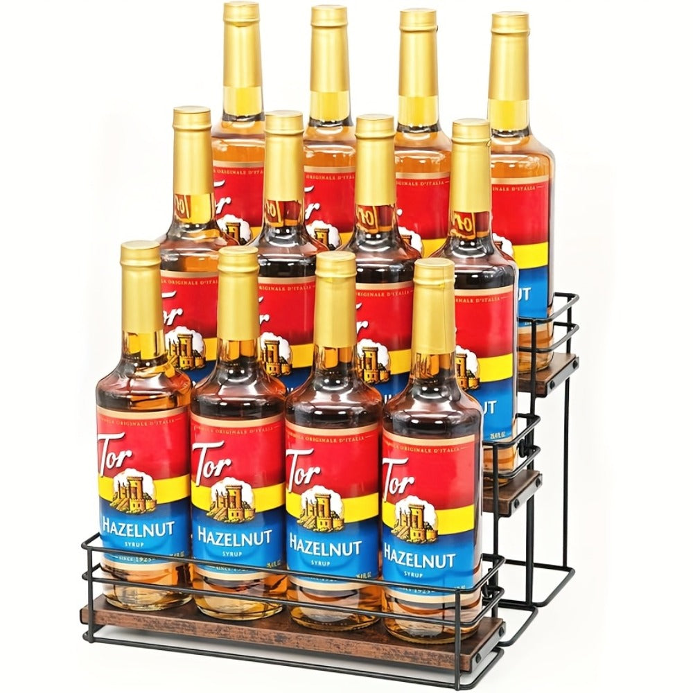 3-Tier Metal Bottle Rack Countertop Organizer ¨C No-Install Syrup Holder for Coffee Bar, Wine & Whiskey Display Stand, Holds 12 Bottles