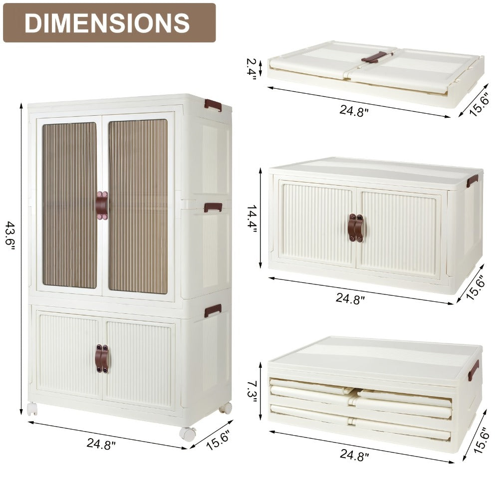 Portable Closet Wardrobe with Wheels & Hanging Rod ¨C Foldable Clothes Cabinet with Doors, 10 Hangers, Stackable Storage Bins, 70 GAL Collapsible Plastic Wardrobe Organizer