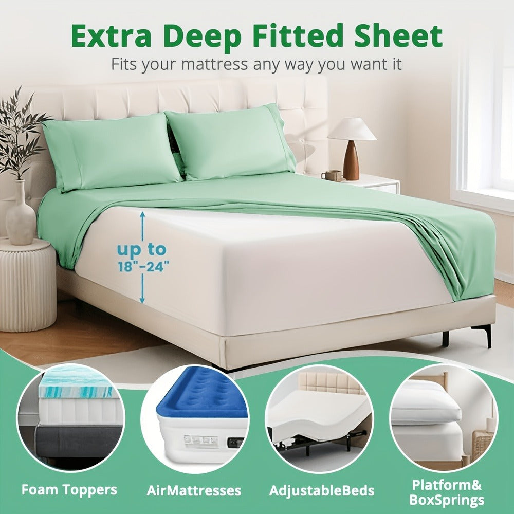 Bamboo Cooling Sheet Set 4pcs ¨C Deep Pocket Fitted Sheet Flat Sheet Pillowcases for Hot Sleepers Twin Full Queen King