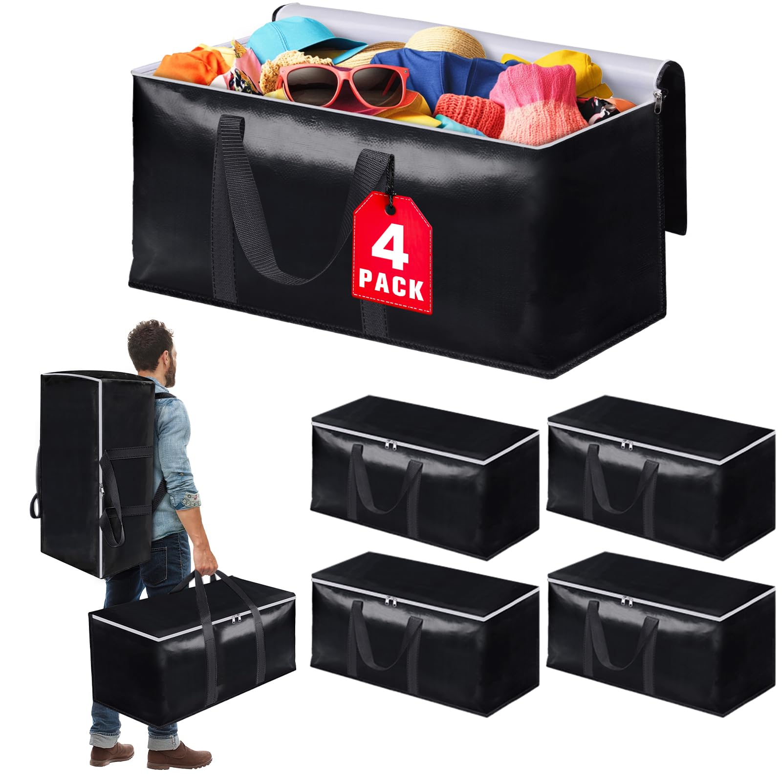 Moving Bags Extra Large Heavy Duty Storage Totes with Backpack Straps & Double Zipper ¨C 4pcs Stackable Packing Bags for Moving, Storage & Travel