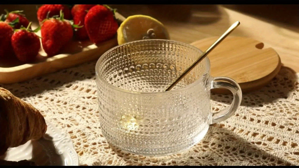 Glass Coffee Cups Set of 4 with Bamboo Lids and Spoons 450ml Vintage Embossed Iced Coffee Glasses for Cappuccino Latte Overnight Oats