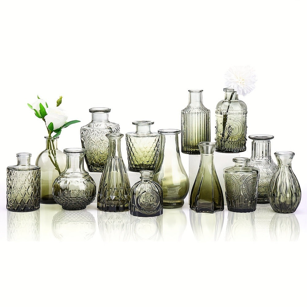 Mini Glass Vases Bulk Set 14pcs Gradient Green Relief Flower Bottles for Wedding Centerpiece Home Dining Table Party Decor Halloween Christmas