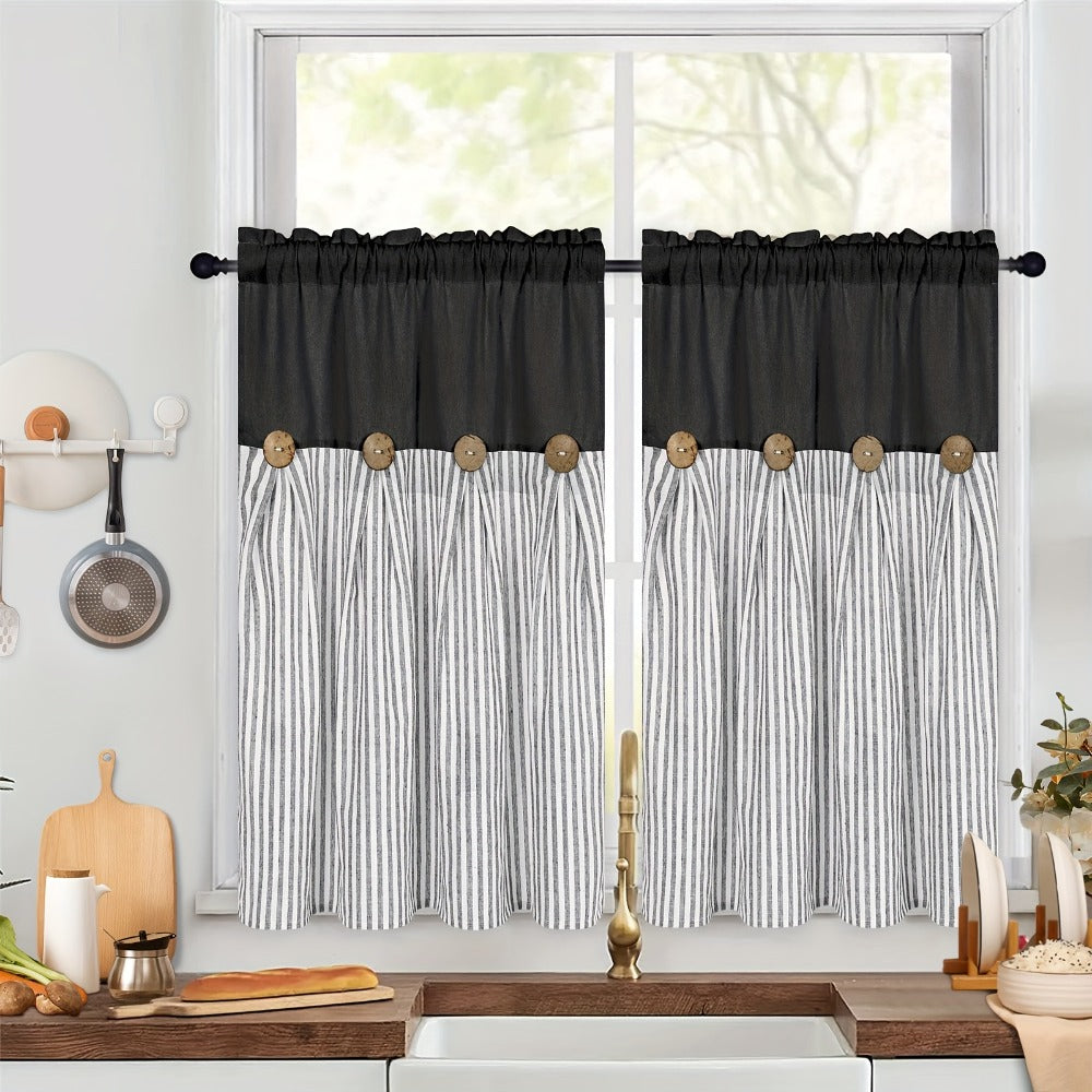 Semi Sheer Curtains Bohemian Linen Cotton Patchwork Grommet Top Window Drapes for Bedroom Living Room Kitchen Bathroom Cafe - Boho Country Cottage Style 4 Seasons 1 or 2 Panels
