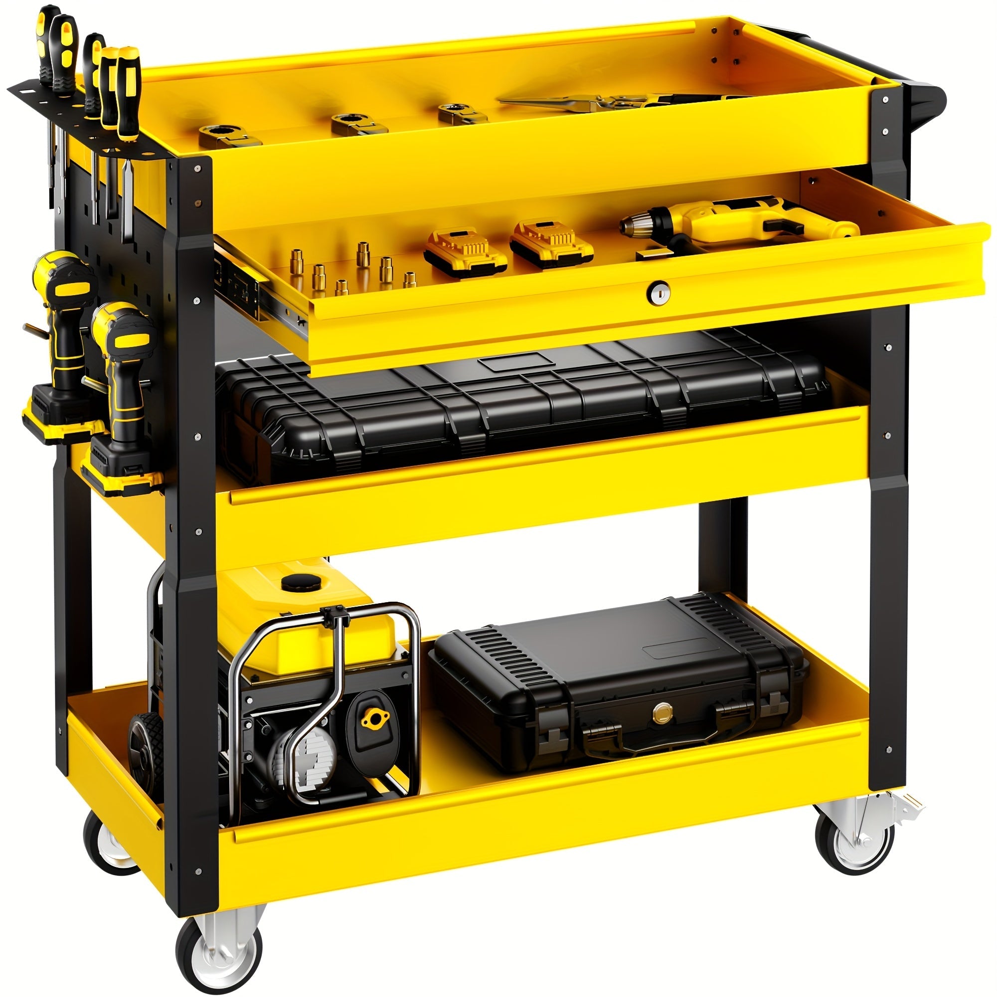 Rolling Tool Cart 3-Tier Heavy Duty 330 LBS Capacity Pegboard Organizer Locking Drawer 4 Swivel Casters for Garage Workshop Mechanics Black Yellow