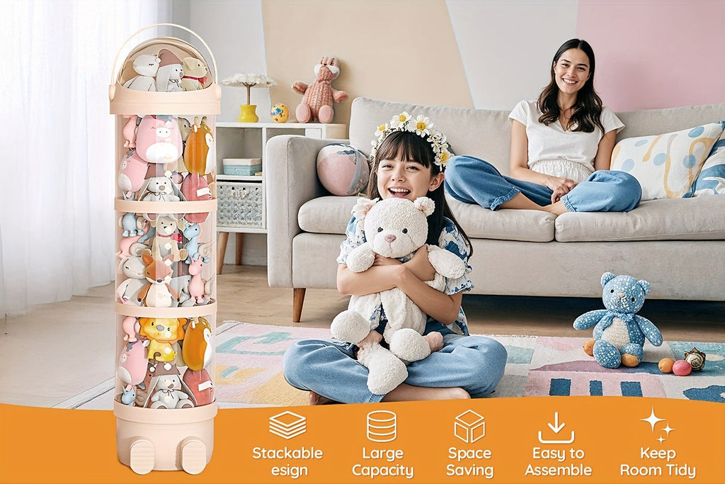Stackable Round Stuffed Animal Storage Box with Lid ¨C 3-Tier Plastic Plush Toy Organizer with Layered Storage for Dolls Toys & Miscellaneous Items ¨C Kids Room Decor