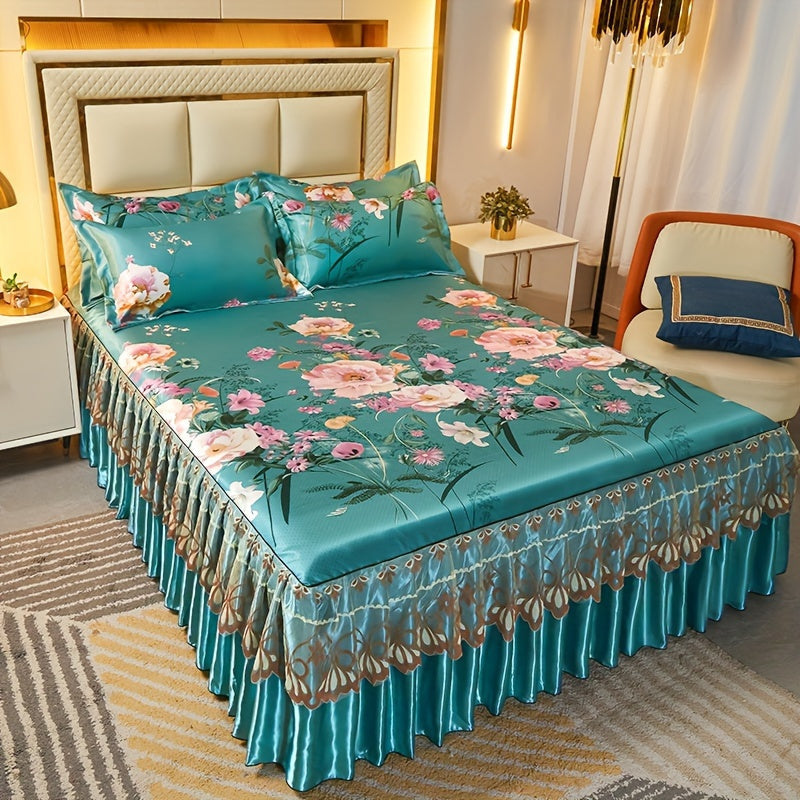 Floral Ruffle Bed Skirt Cool Mat 3 Piece Set with Pillowcase, Double Layer 360¡ã Full Wrap Washable Cooling Mattress Cover, Breathable Summer Bedding Set for Twin Full Queen King, Parisian Romantic Floral