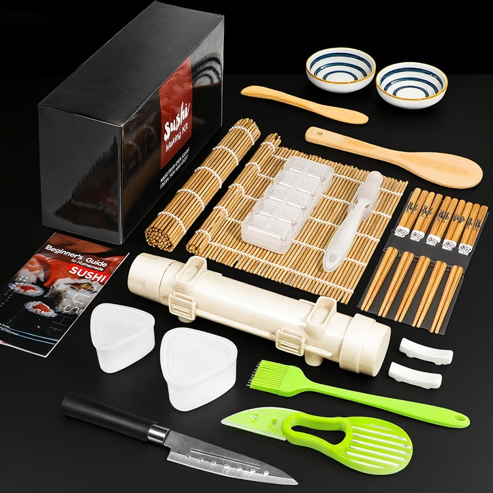 Sushi Making Kit 22-in-1 with Bamboo Rolling Mats Chef Knife Triangle Nigiri Gunkan Molds Chopsticks Beginner Guide ¨C Complete DIY Sushi Set for Home Kitchen Japanese Cooking Gift