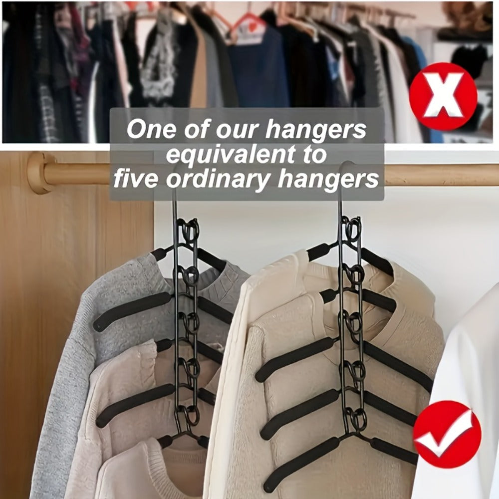 Space Saving Hangers 5-in-1 Multi-Layer Metal Closet Organizer | Heavy Duty Non-Slip Foam Pads | 2 Pack Clothes Hanger for Coats Sweaters Suits T-Shirts Closet Space Saver
