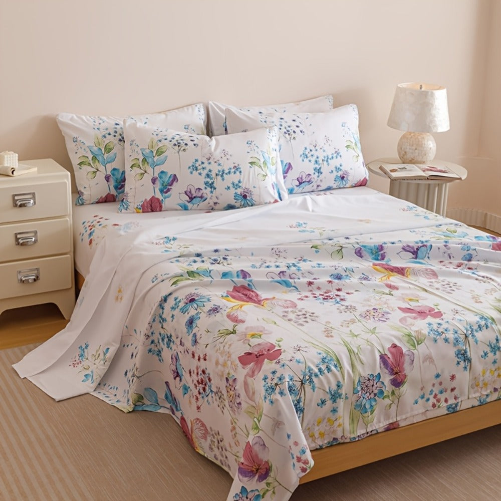 Floral Bedding Set 4-Piece ¨C 1 Fitted Sheet + 1 Flat Sheet + 2 Pillowcases | Soft Breathable Polyester | All-Season Flower Print Bed Sheet Set | Machine Washable | Twin Full Queen King