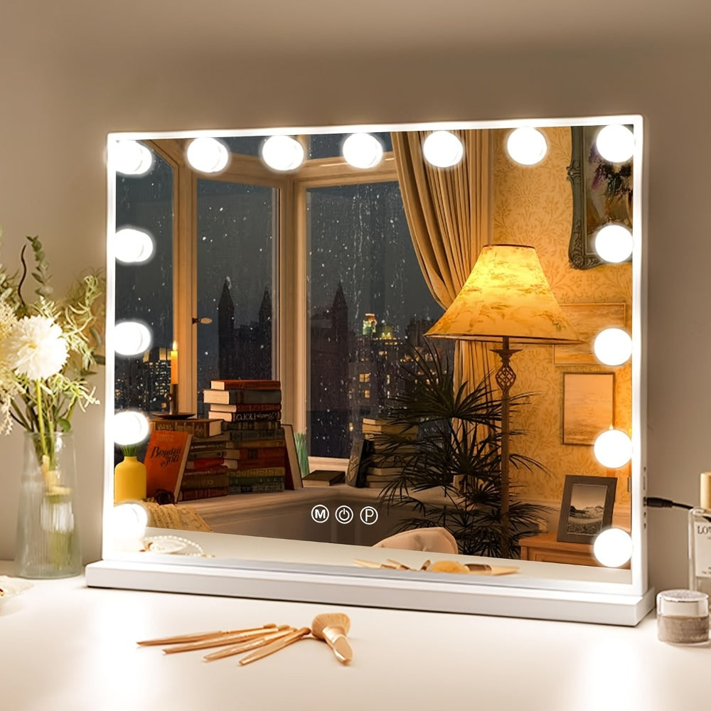 Hollywood Vanity Mirror with Lights ¨C 15 LED Bulbs, 3 Color Modes, Dimmable Brightness, 23x18 Inch, USB & Type-C Charging, Touch Control, Desk & Wall Mount, Metal Frame Makeup Mirror