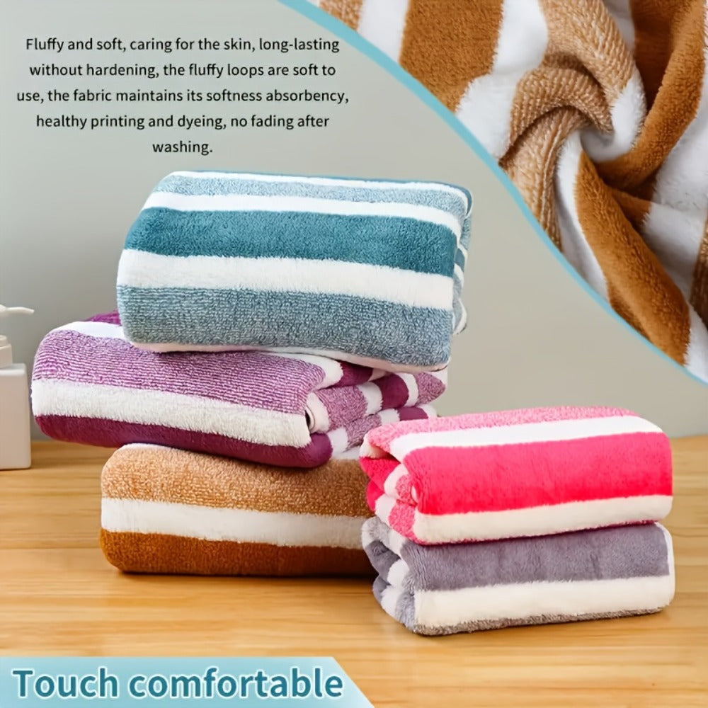 Coral Fleece Towel Set 9 or 15 Piece No Hair Loss 320GSM - Super Soft Absorbent Two-Color Striped | 2 Bath 2 Face 5 Hand Towels | Gray Brown Red Green Blue Mixed | Bathroom Beach Essentials