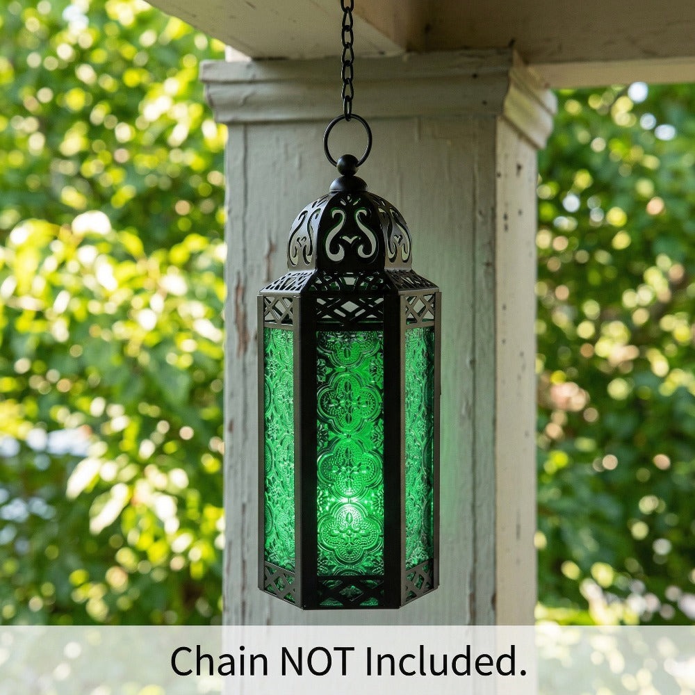 Moroccan Candle Lantern Holder - Decorative Metal & Glass Lantern with Embossed Floral Design for Indoor Home Decor, Garden, Patio, Weddings, Ramadan, Halloween & Holiday Celebrations - 10.5¡± Tall Medium Size