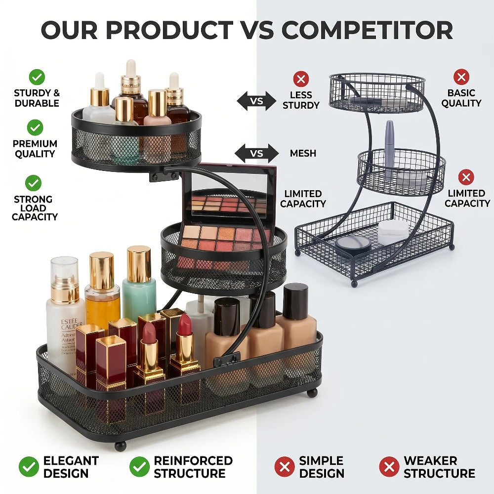 Bathroom Storage Rack 3-Tier Metal Countertop Organizer with Spray Bottle & Hooks ¨C Rust-Resistant Diamond Mesh Shelf for Vanity, Skincare, Cosmetics & Toiletries