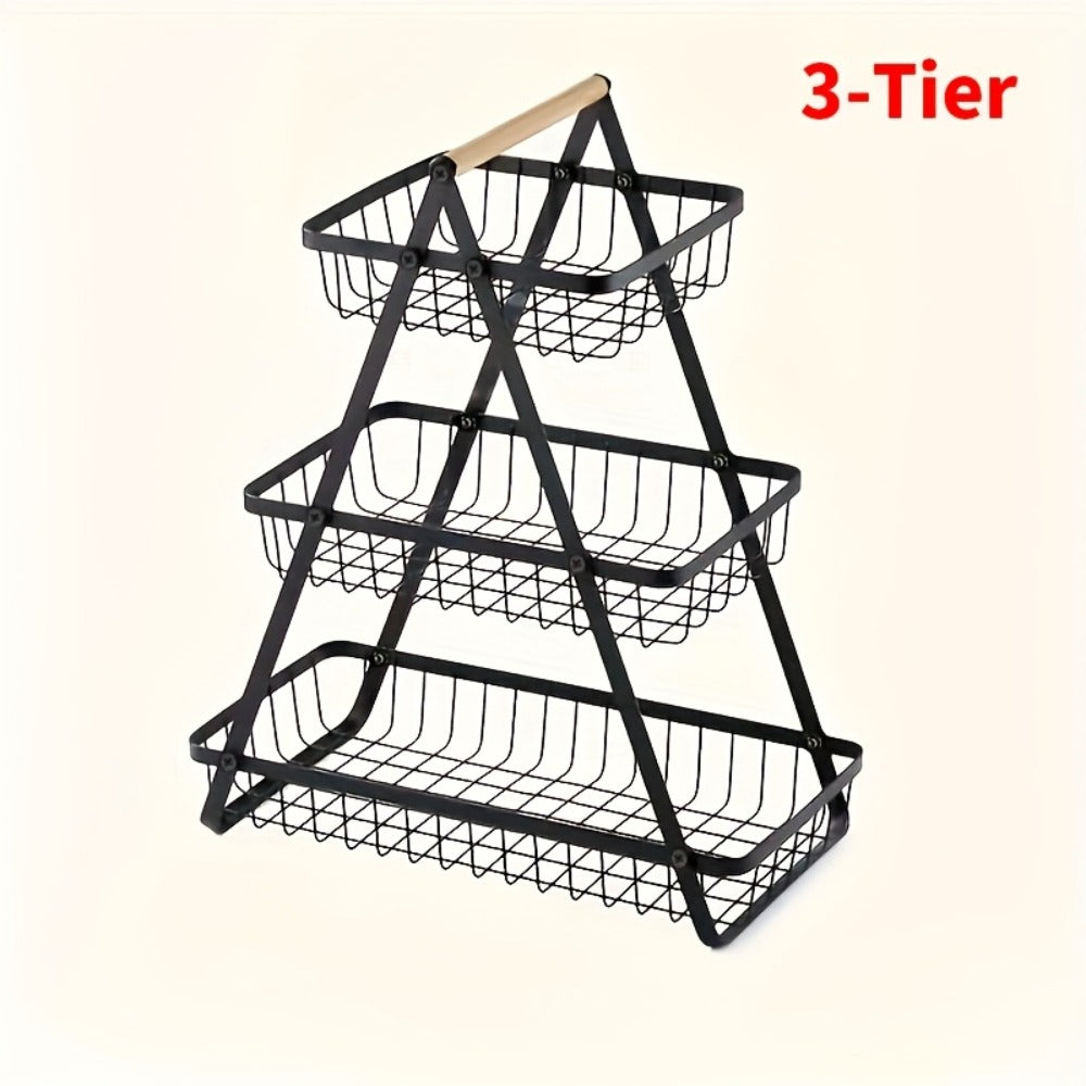 Metal Wire Bathroom Storage Basket with Wooden Handle Multi-Tier Countertop Organizer Detachable Fruit Basket Kitchen Pantry Bedroom Desk Organization