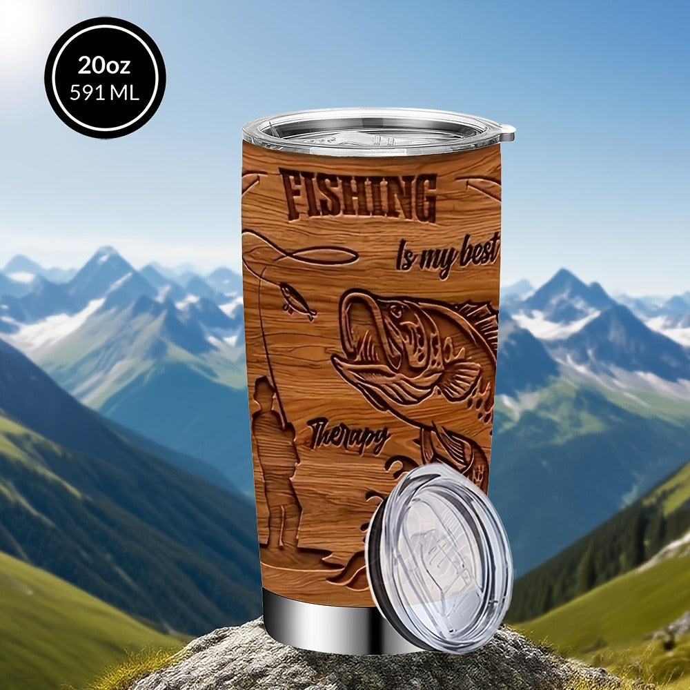 Fisherman Graphic Insulated Tumbler 20oz 304 Stainless Steel with Lid and Straw Travel Cup for Hot Cold Drinks Camping Drinkware Gift for Dad Birthday Fathers Day Brown