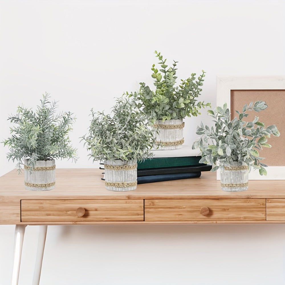 Fake Plants Artificial Plants Indoor 4-Pack Small Potted Greenery in Paper Pulp Pots | Faux Plants for Shelf Desk Home Office Farmhouse Bathroom Decor | Low-Maintenance Artificial Succulents Set