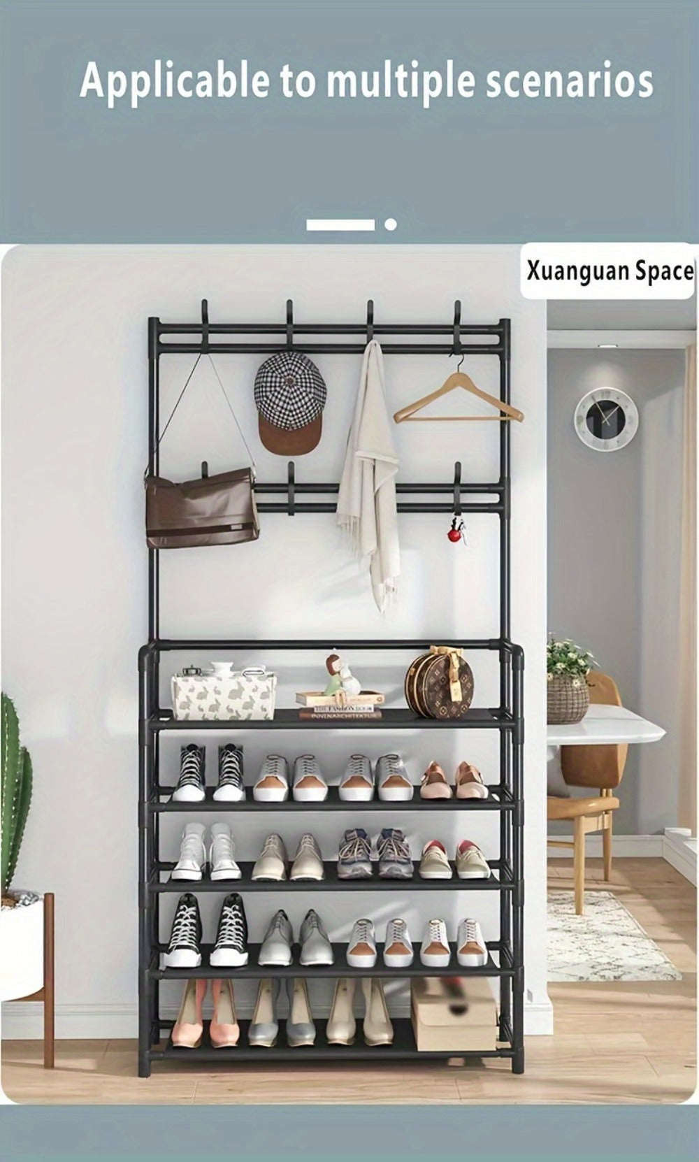 Shoe Rack Organizer with 8 Double Hooks & Multi-Layer Storage Shelves ¨C Floor Standing Coat Hat Holder for Entryway Bedroom Living Room
