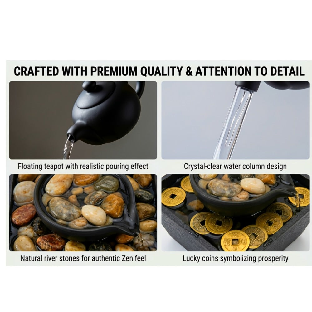 Tabletop Water Fountain Indoor ¨C 4-Level Desktop Waterfall with LED Lights & Natural River Stones, USB Powered Meditation Fountain for Home Office Relaxation, Zen Desk Decor with Bubble Balls