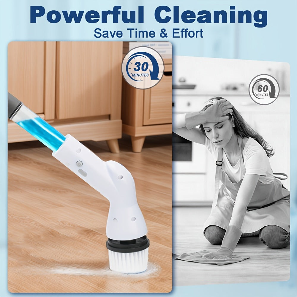 Electric Spin Scrubber Cordless Rechargeable - Adjustable Handle with 6 Brush Heads, All-Purpose Power Scrubber for Bathroom, Kitchen, Tile, Shower, Tub & Car, Time-Saving Cleaning Tool, White