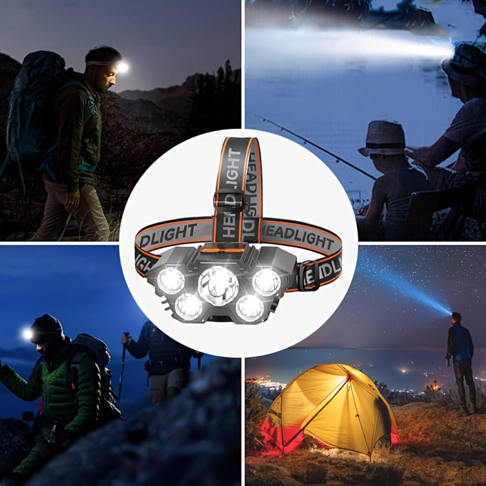 LED Headlamp 4pcs Set - Rechargeable Outdoor Headlamps with 4-Speed Dimming Adjustable Angle IP44 Waterproof Hands-Free Flashlight for Camping Hiking Fishing Mountain Climbing Emergency Use ABS