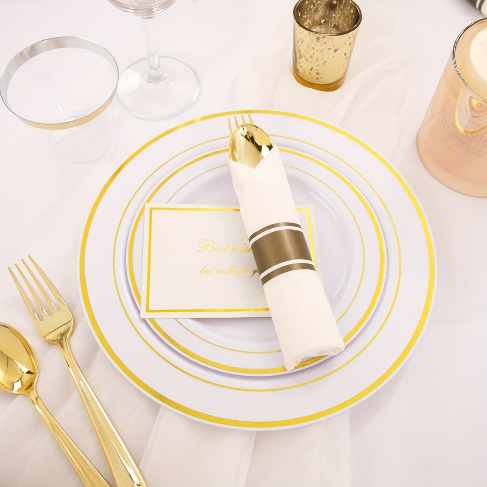 Gold Plastic Plates Disposable Dinnerware Set 350pcs ¨C 50 Dinner Plates, 50 Dessert Plates, 50 Gold Rim 9oz Cups & 50 Gold Cutlery Sets | Elegant Party Tableware for Wedding, Birthday & Holiday Events