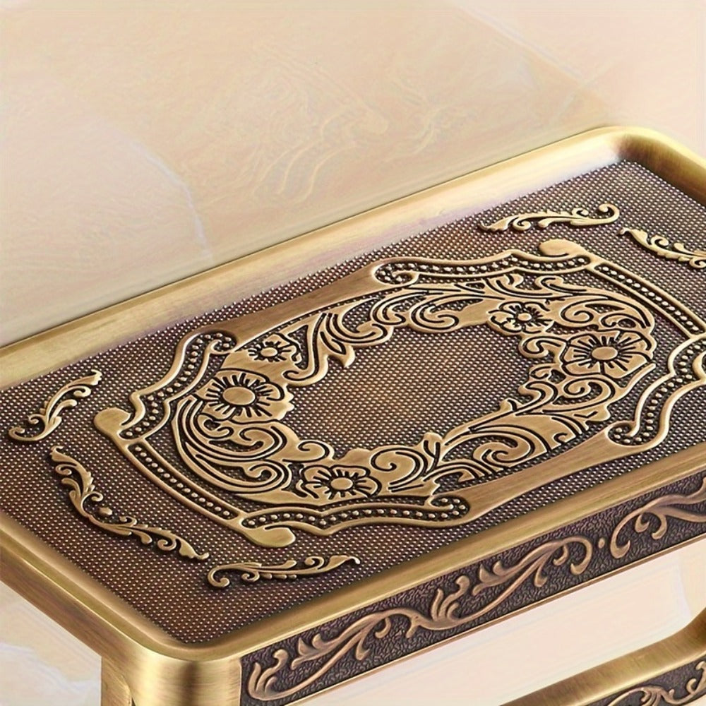 Toilet Paper Holder with Shelf Antique Brass Vintage Wall Mounted - Self-Adhesive No Drill Tissue Roll Dispenser with Storage Ledge, Elegant Bathroom Accessory in Golden & White, 1pc or 2pcs