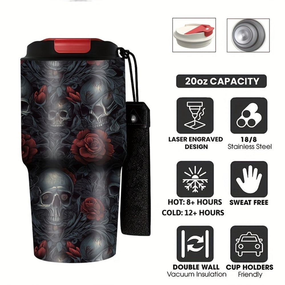 Insulated Tumbler 20oz Gothic Skull & Roses Stainless Steel Travel Mug with Carrying Strap, Coffee Cup Water Bottle for Camping Travel Halloween Gift