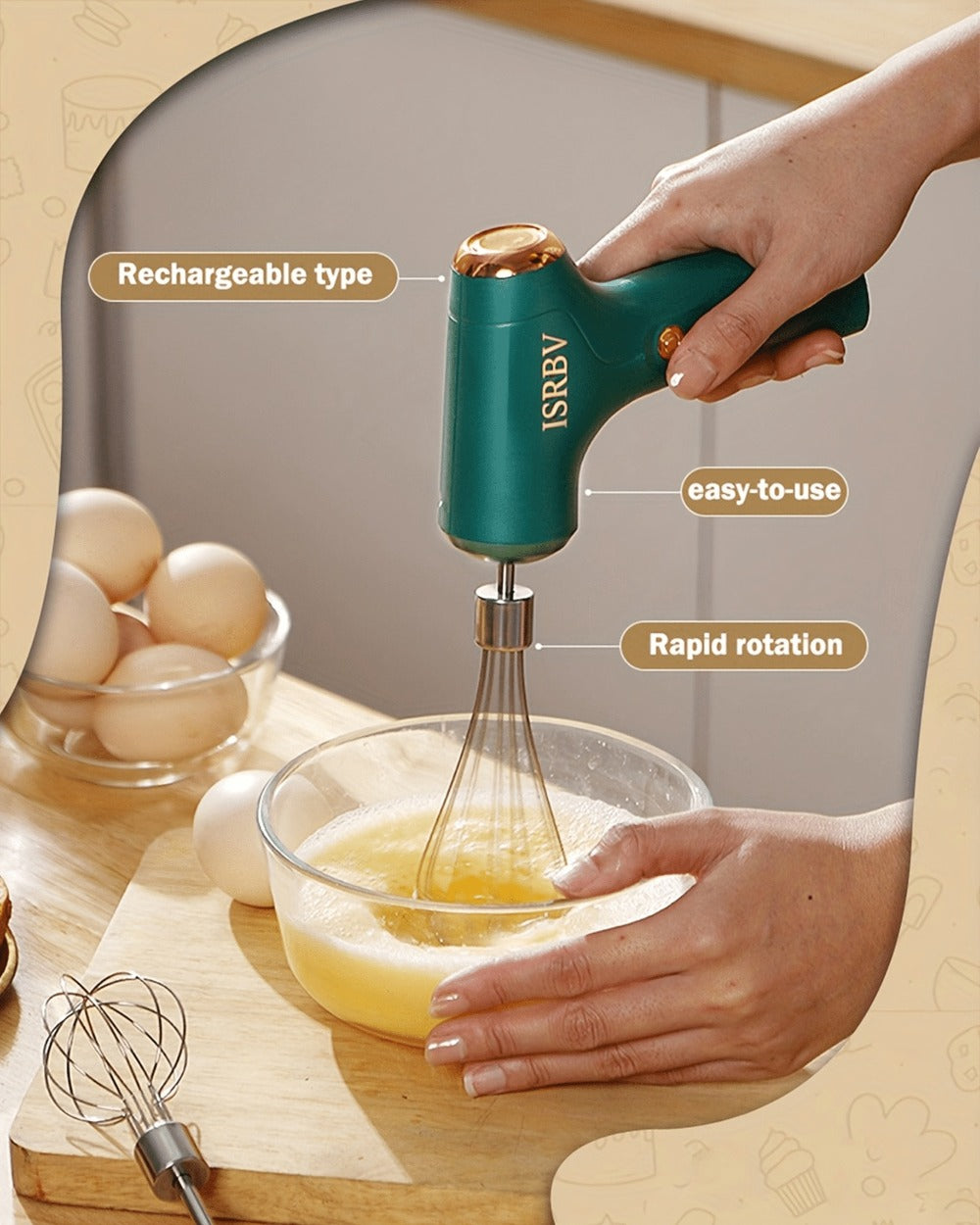 Cordless Electric Hand Mixer Mini USB Rechargeable Whisk Beater 1500RPM for Whipping Cream Cake Batter Ice Cream Egg Beating Home Kitchen Baking