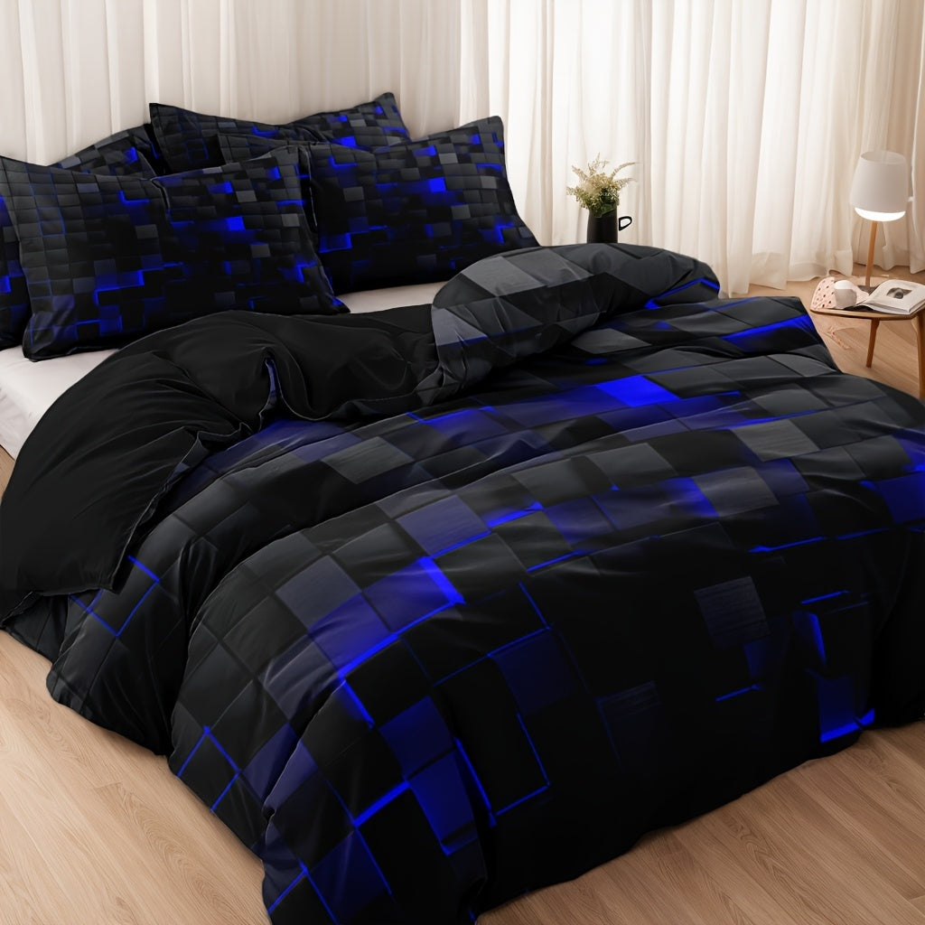 Duvet Cover Set Queen King Twin Full 3D Geometric Cube Print | 3-Piece Polyester Bedding Set | Black Blue Grid Pattern | All-Season Soft Quilt Cover + 2 Pillowcases | Machine Washable