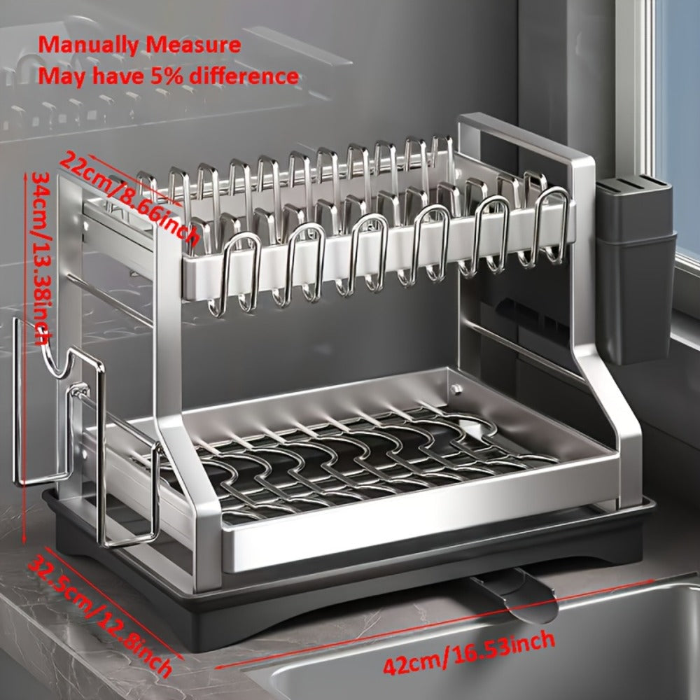 Stainless Steel 2-Tier Dish Rack with Auto Drainage | Rust-Resistant Kitchen Drying Rack for Dishes, Bowls, Cups & Utensils