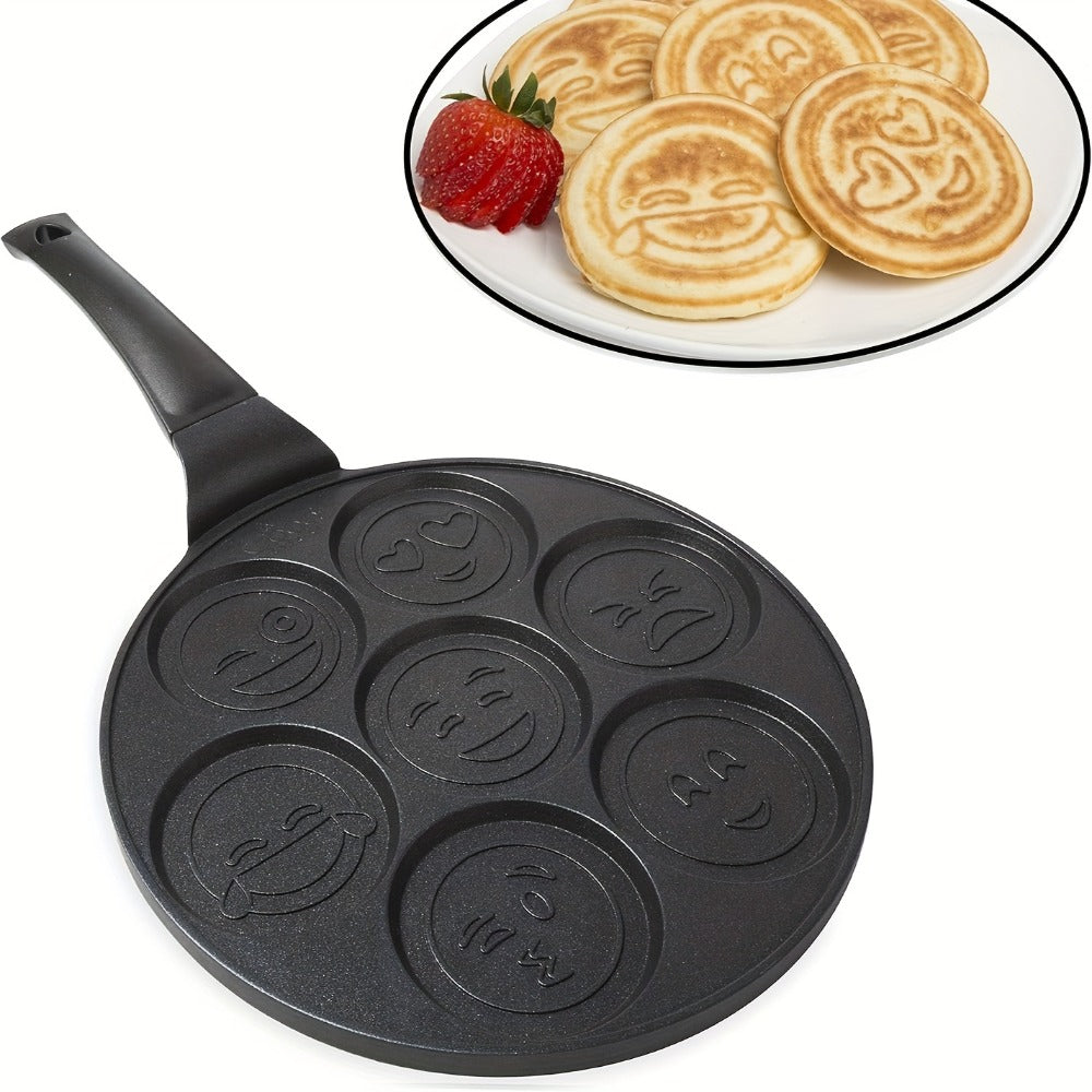 7-Hole Non-Stick Pancake Pan Smiley Face ¨C Aluminum Alloy Breakfast Maker with Detachable Handle for Gas Stove | Oven & Dishwasher Safe Crepe Waffle Egg Mold Cooking Pan Even Heat Distribution Black