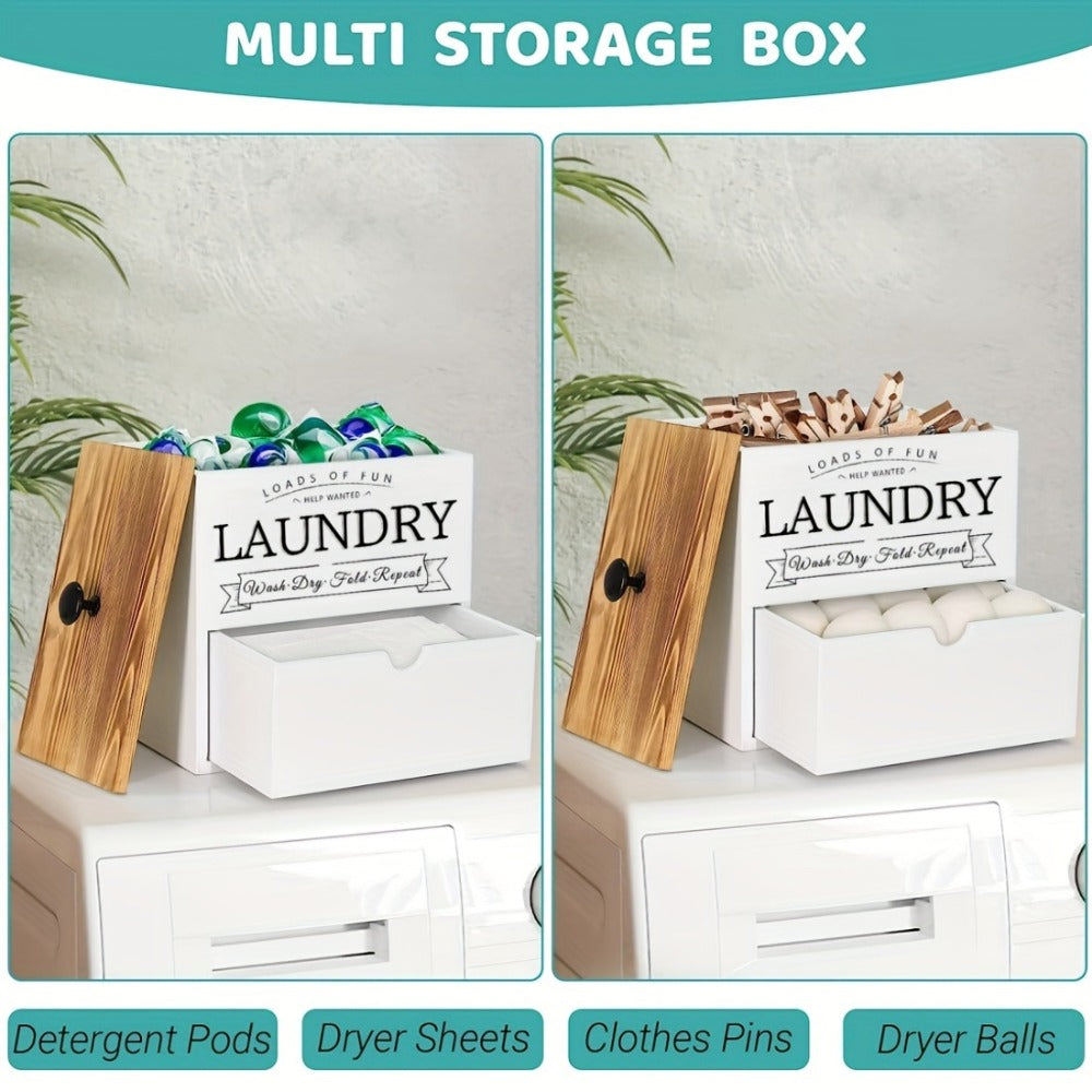 Dryer Sheet Holder with Drawer & Lid | Farmhouse Wood Laundry Pod Dispenser | Wall Mount or Countertop Organizer for Laundry Room Storage, Black & White