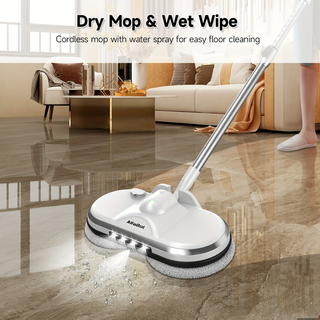 Cordless Electric Spin Mop Floor Cleaner with LED Headlight & Water Spray Tank ¨C Powerful Wireless Spinning Mop for Hardwood & Tile Floors, Quiet Motor, Self-Cleaning & Waxing Function (White)