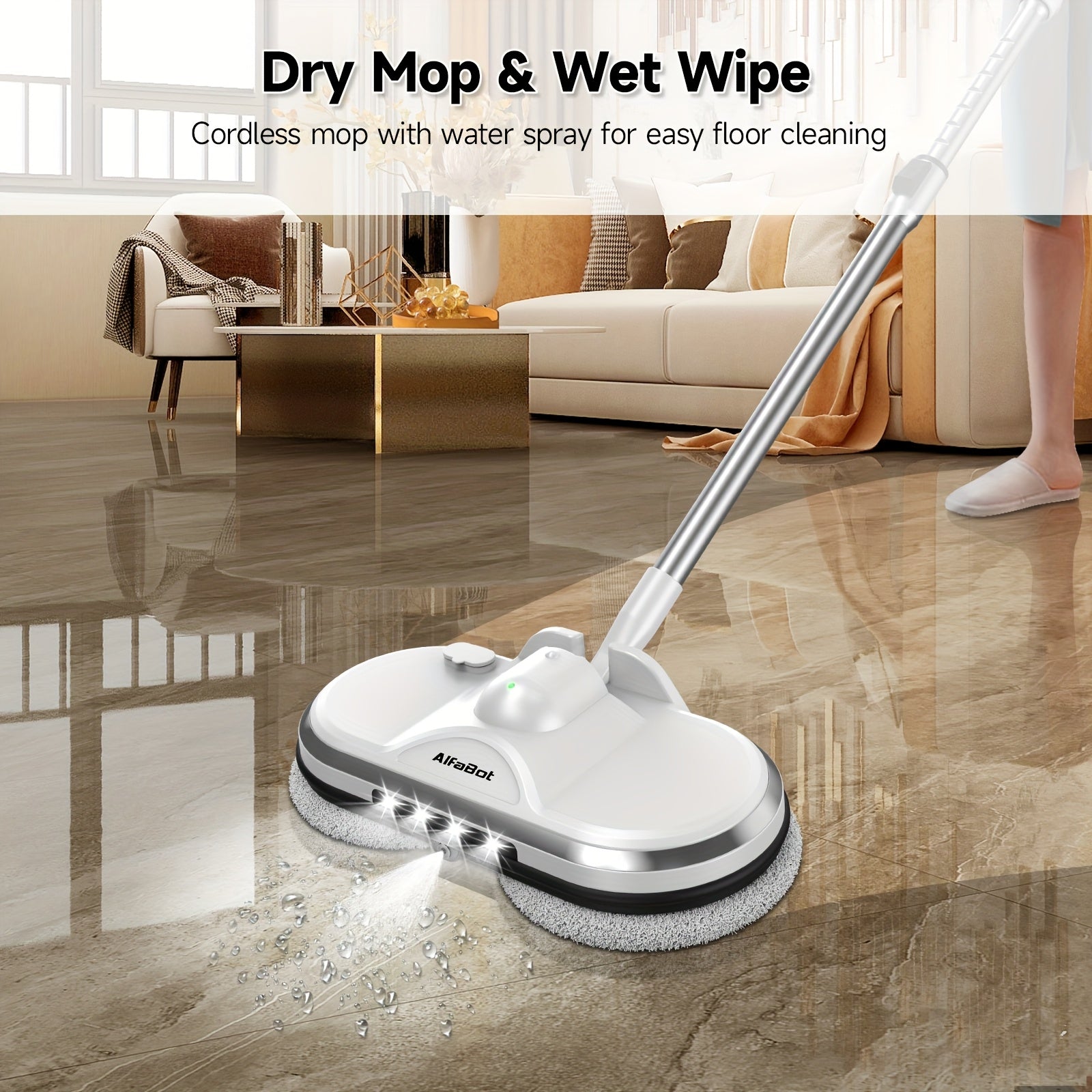Cordless Electric Spin Mop Floor Cleaner with LED Headlight & Water Spray Tank ¨C Powerful Wireless Spinning Mop for Hardwood & Tile Floors, Quiet Motor, Self-Cleaning & Waxing Function (White)
