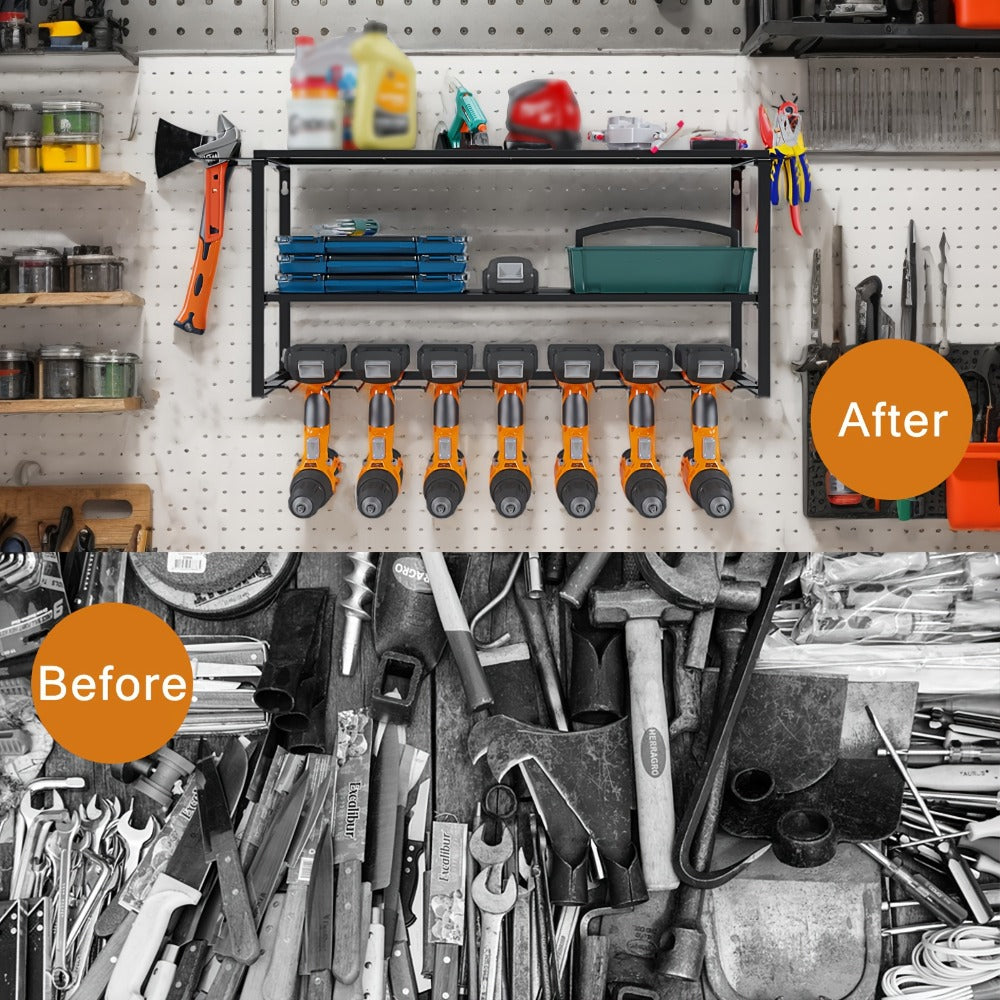 Wall Mount Power Tool Storage Rack, Heavy-Duty 150 Lb Steel 3-Tier & 4-Tier Garage Tool Organizer with 7 Bit Holders ¨C Workshop Shed Basement Wall Storage