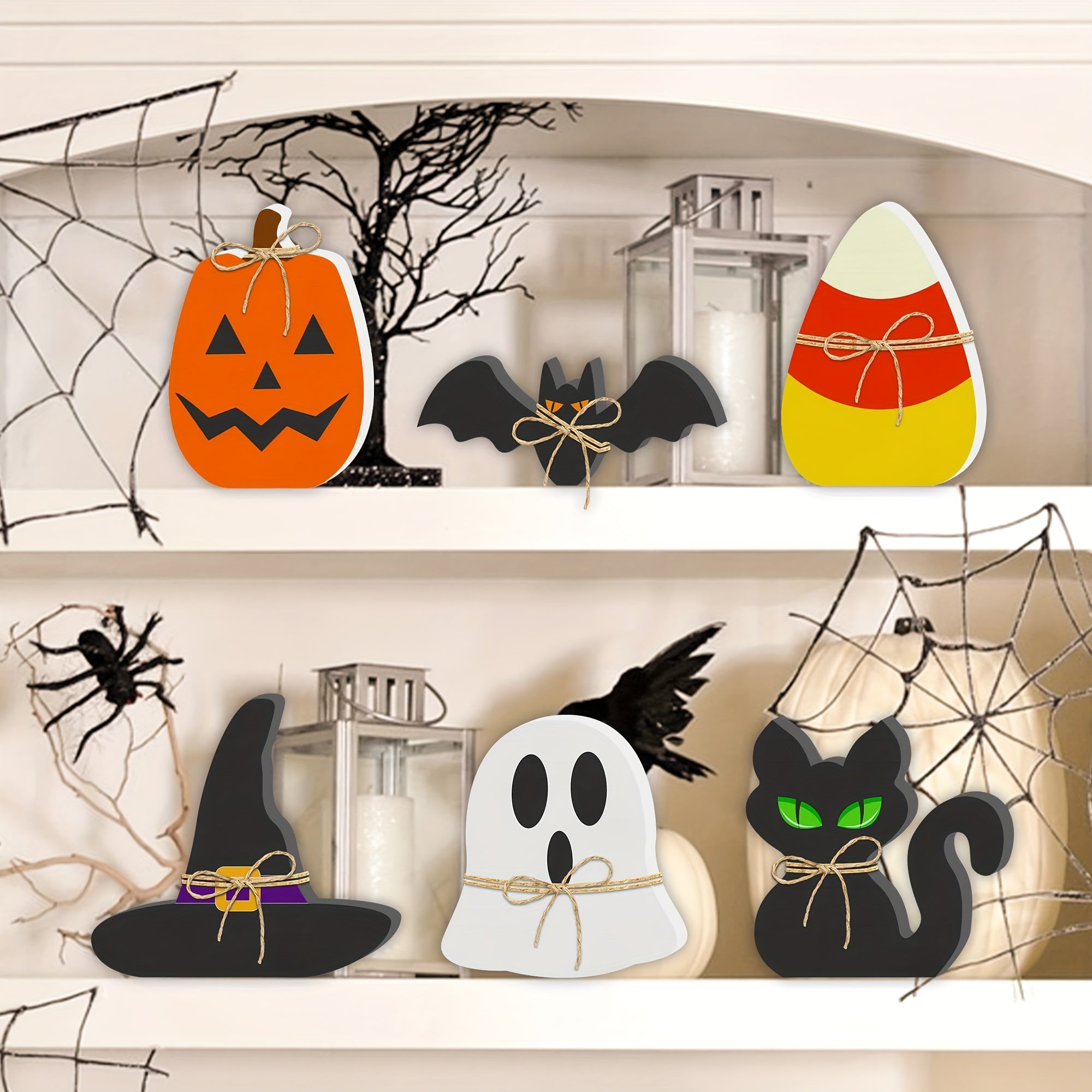 Halloween Wooden Decorations Set of 6 ¨C Freestanding Rustic Table Signs with Pumpkin, Ghost, Bat, Black Cat, Witch Hat & Candy Corn, Farmhouse Tiered Tray & Mantle Decor