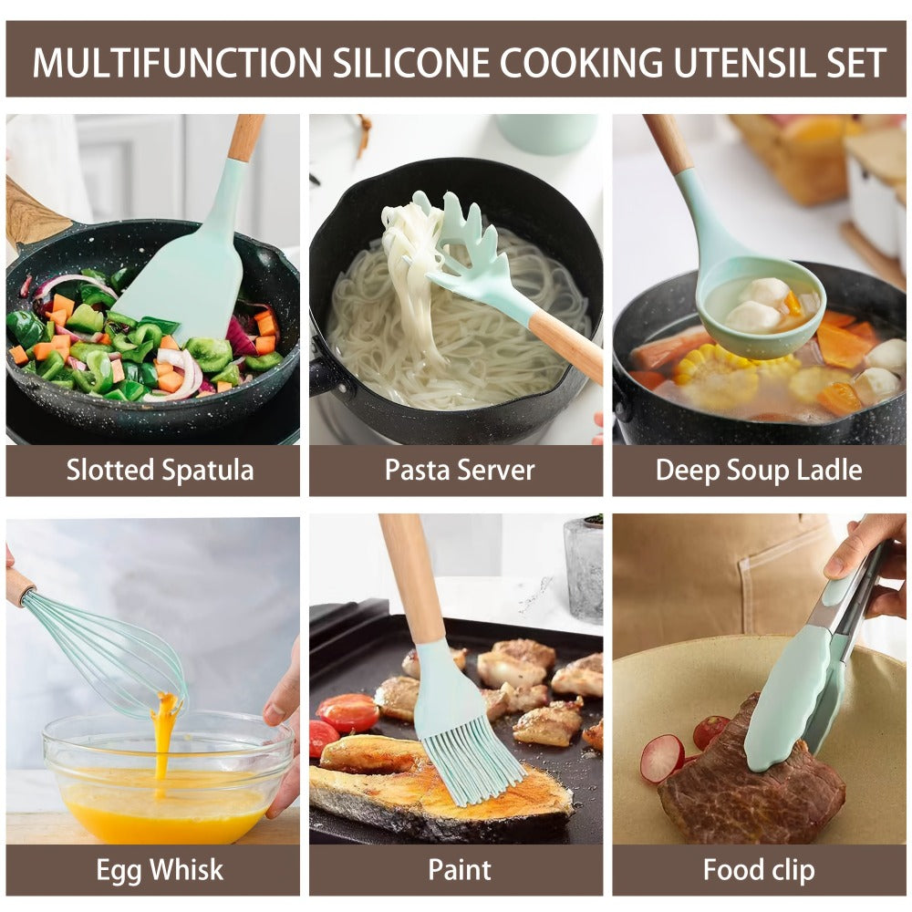 19-Piece Kitchen Knife & Utensil Set with Wooden Handles, Non-Stick Blades, Silicone Cooking Tools, Cutting Board, Scissors & Holder