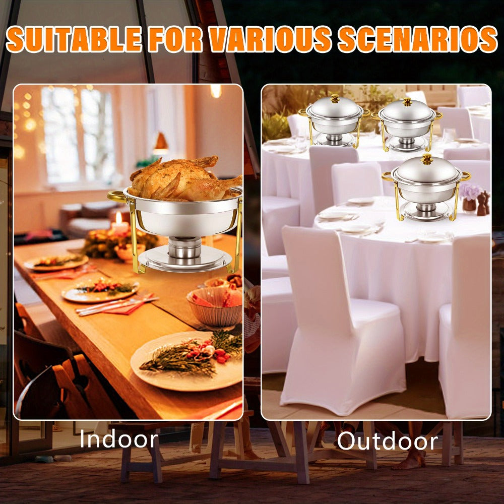 Golden Chafing Dish Buffet Set with Glass Lid 6QT Round Stainless Steel Food Warmer Chafer for Catering Party Dinners Weddings, Titanium Gold Finish, 2 & 4 Pack