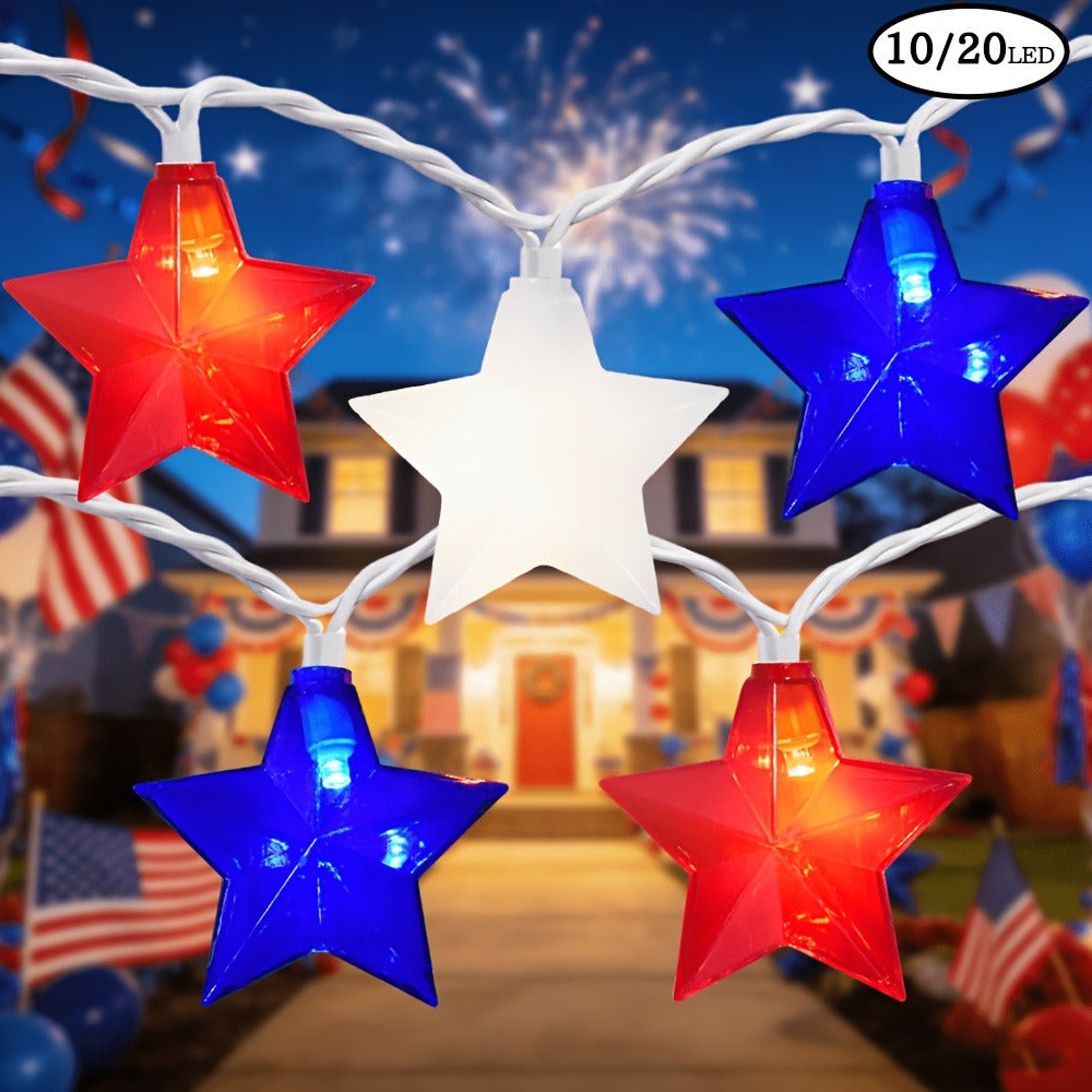 Patriotic Star String Lights July 4th Red White Blue LED Plug-In Indoor Outdoor Decor 8.5FT 12FT Memorial Day Independence Day Party Decoration