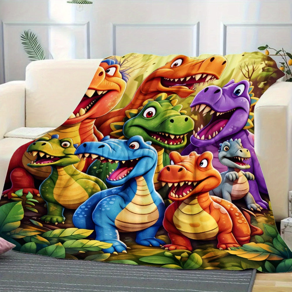 Dinosaur Print Flannel Throw Blanket ¨C 250-300gsm Soft Lightweight Cartoon Dino Blanket for Kids, Couch, Bed & Travel, 5 Sizes