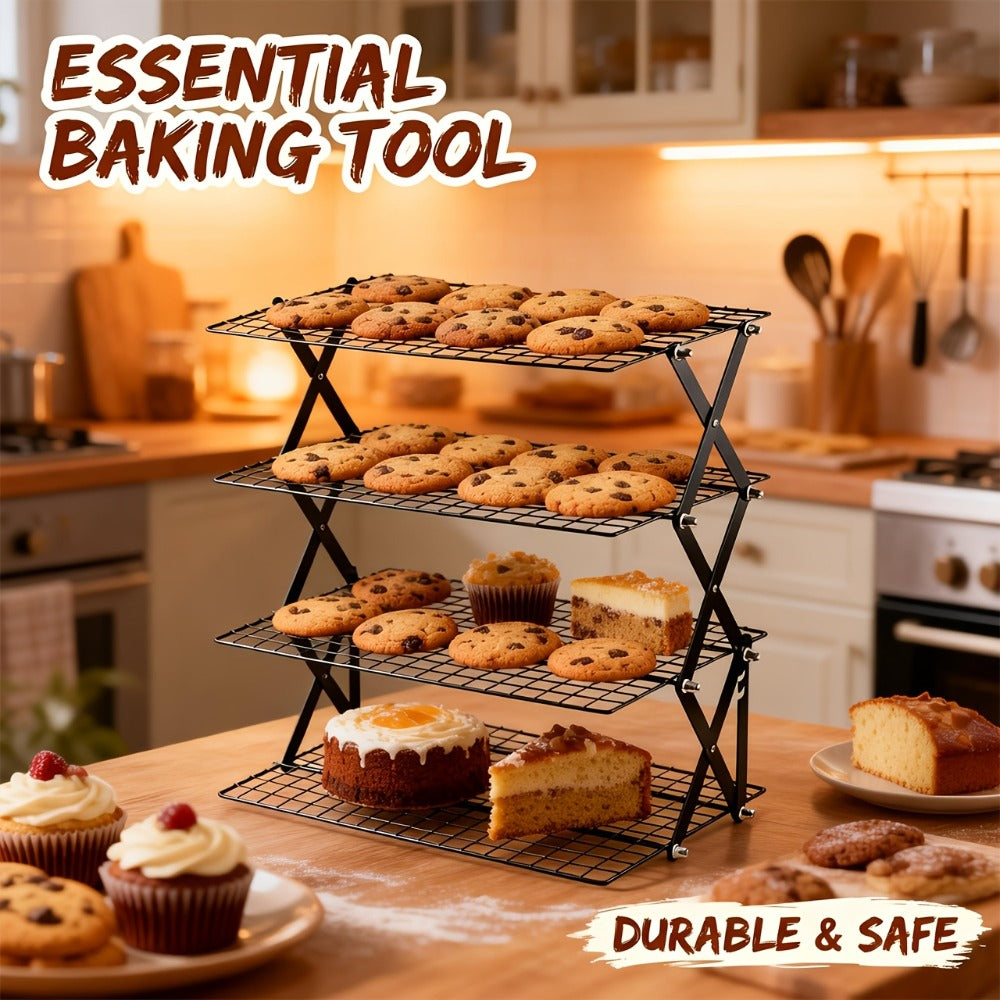 Foldable Cooling Rack Set ¨C Stackable Oven Cookie Cake Drying Rack with Free Baking Tools (Silicone Spatula, Egg Beater, Tongs, Brush) | 3/4/5 Tier Options for Kitchen, Camping & Holiday Baking