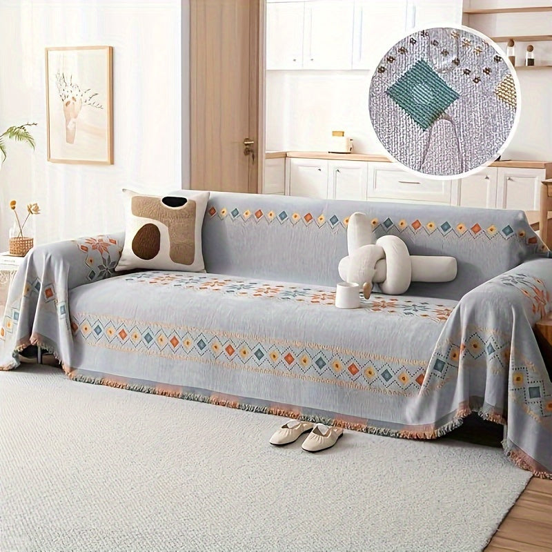 Bohemian Embroidery Chenille Sofa Cover 300GSM - Machine Washable Knit Weave Slipcover for 2 3 4 Seater Sectional Sofa No Padding, 5 Colors