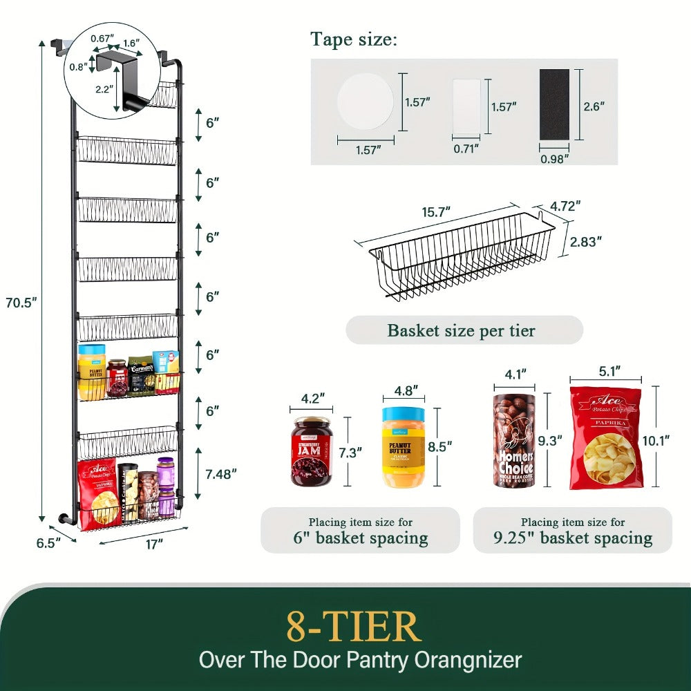 Over The Door Organizer - Heavy Duty Multi-Layer Pantry Storage Rack for Kitchen Bathroom Laundry Room, Space Saving Door Hanging Shelf, 6 or 8 Tier Metal Spice Food Storage Cabinet