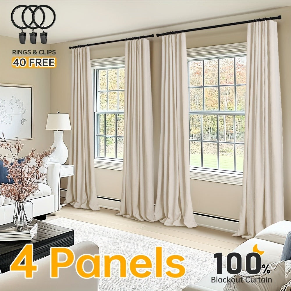 100% Blackout Curtains 4 Panels Faux Linen Textured Thermal Insulated Drapes - Room Darkening Window Curtains for Living Room Bedroom, Clip Rings & Rod Pocket, Energy Efficient Home Decor 50W x 84-120L