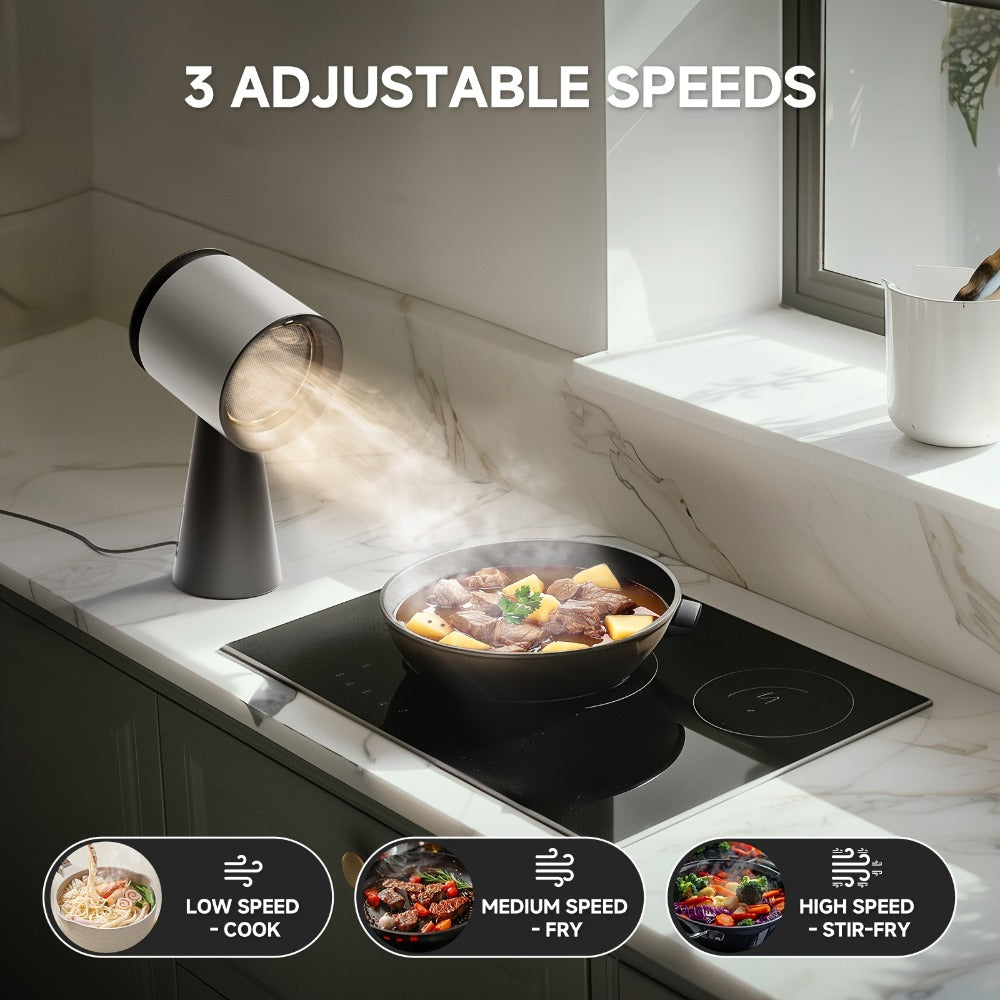 Desktop Range Hood 3-Speed Turbo Ventilation No Installation Required - AMZCHEF Portable Ductless Kitchen Exhaust Fan with Detachable 3-Stage Filter, LED Light & Overflow Cup for Apartments RVs